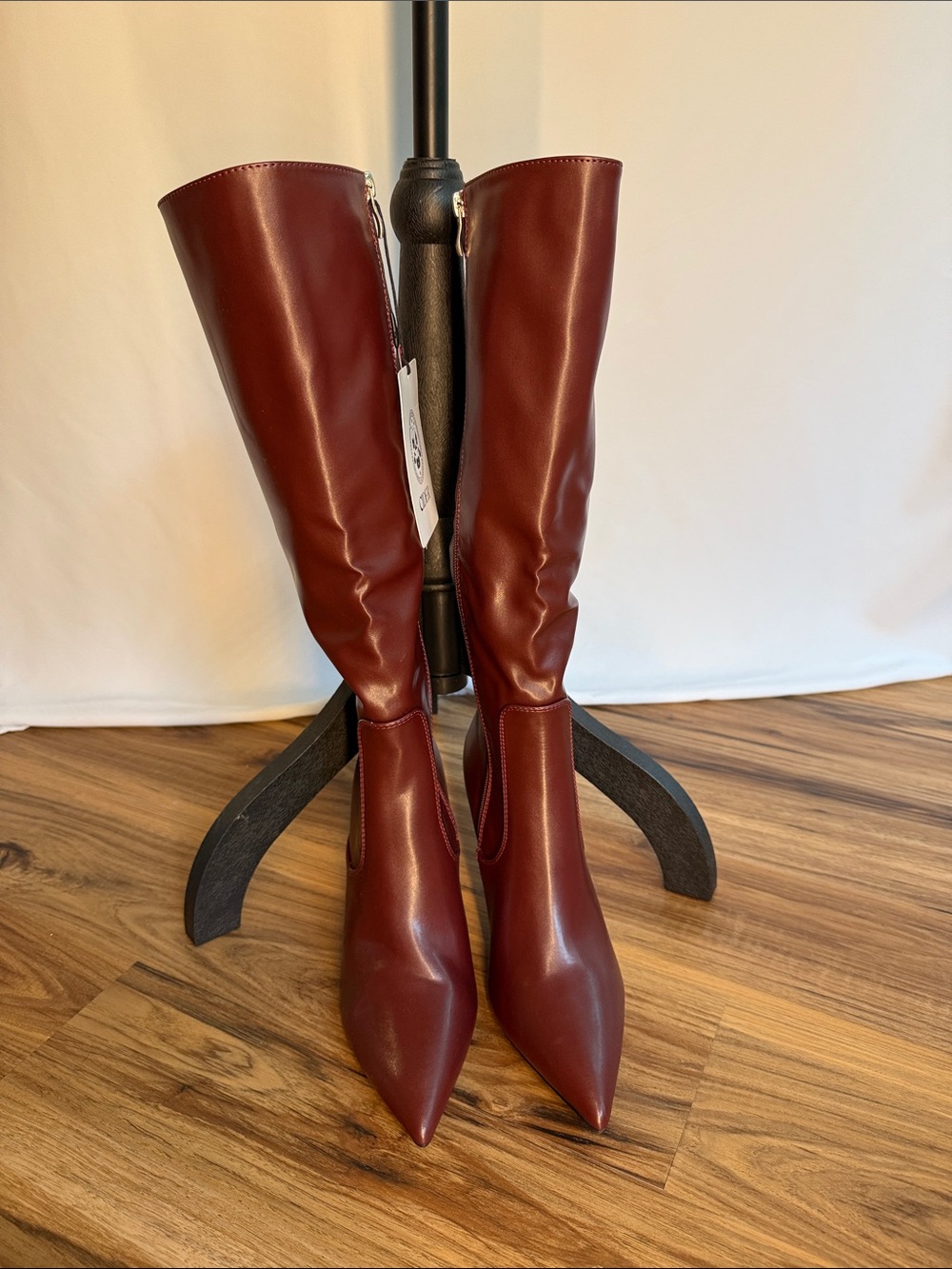 Cider Burgundy Knee-High Pointed Toe Heeled Boots - Picture 3 of 5